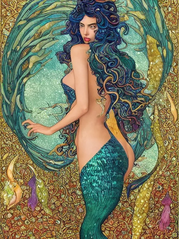 Prompt: a Mermaid Illustration of Irina Shayk,embellished sequined,crystal beaded,by Peter Mohrbacher,Chie Yoshii,Cedric Peyravernay,Phoebe Anna Traquair,William Morris,Catherine Nolin,metropolis,Gucci,Dior,trending on pinterest,maximalist,glittering