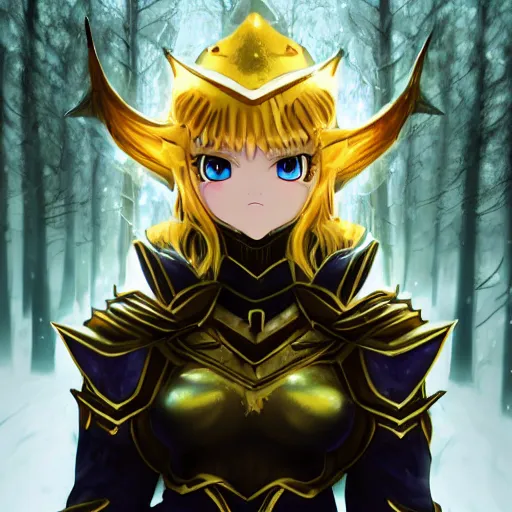 Image similar to focus face portrait of beautiful darkness knight 3D anime girl, golden armor wearing, dark forest background, snowing, bokeh, inspired by Masami Kurumada, digital painting, high contrast, unreal engine render, volumetric lighting, high détail