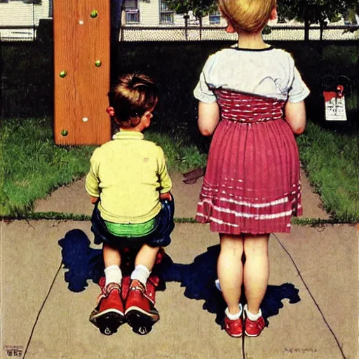 Image similar to boy and girl at a playground staring at iphones, by norman rockwell