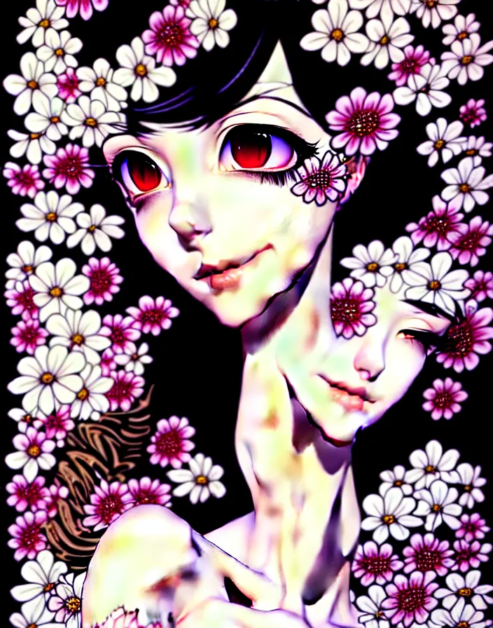 Image similar to portrait of an absurdly graceful, elegant, sophisticated woman wearing emo clothes, covered in flowers, by tex avery, range murata, intricate, beautiful, artstation 8 k