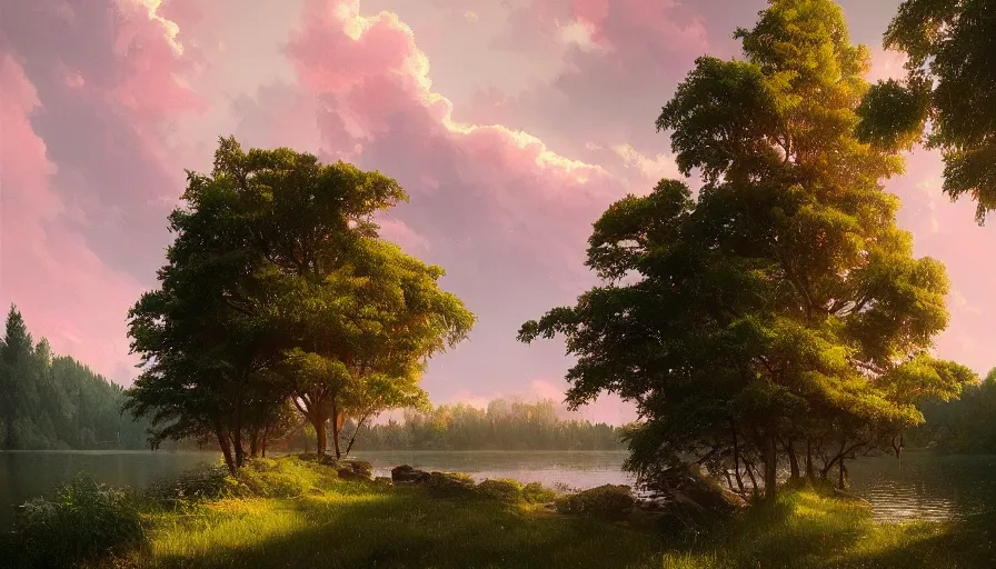 Image similar to tall lush evergreen trees beside a beautiful lake, pink clouds backlit by yellow sun, aesthetic, by greg rutkowski, featured on artstation, wide angle