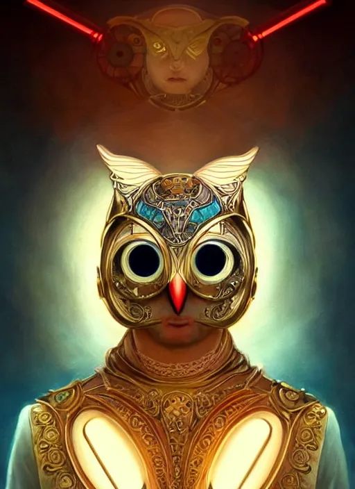 Image similar to the pale blond sun god apollo smirking, owl helmet, full body shot, steampunk, glowing eyes, volumetric lights, red and cyan theme, art nouveau botanicals, intricate, highly detailed, digital painting, artstation, concept art, smooth, sharp focus, cinematic, illustration, beautiful face, art by artgerm and greg rutkowski and alphonse mucha