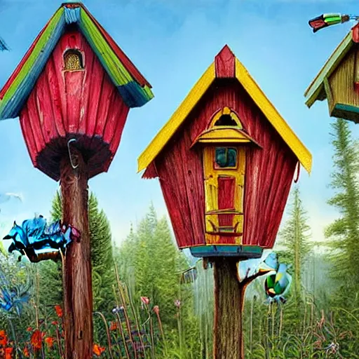 Image similar to Colorful Victorian Birdhouses by Tuomas Korpi and Alejandro Burdisio and Jacek Yerka, Hyperrealism