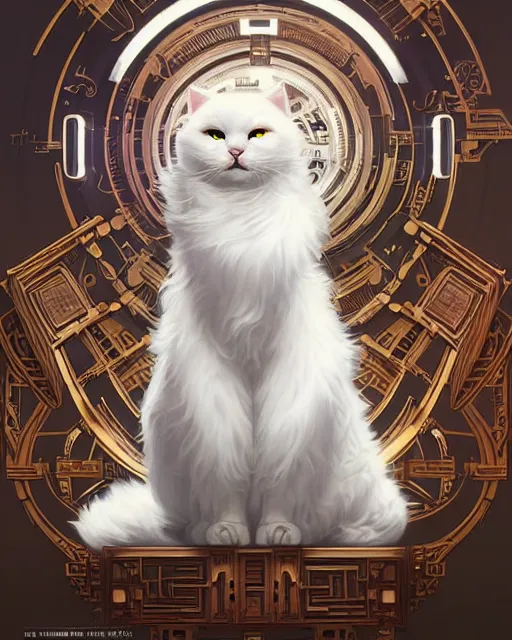 Prompt: portrait of a fluffy white cat cyberpunk machine, machine face, robed, upper half portrait, decorated with chinese opera motifs regal asian machine robot cyberpunk fine china, wuxia, traditional chinese art intricate intense elegant highly detailed digital painting artstation concept art smooth sharp focus illustration, art by artgerm and greg rutkowski alphonse mucha 8 k