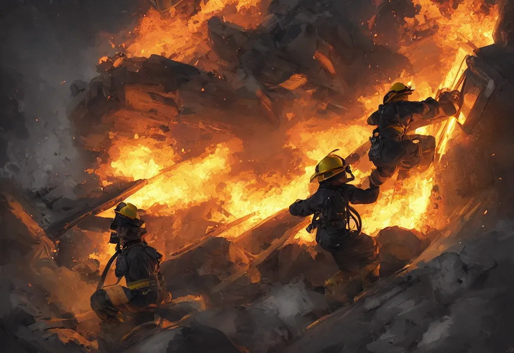 Image similar to one heroic firefighter in action in black and yellow uniform, fire flames, sharp details, sharp focus, realistic, highly detailed, illustration, by jordan grimmer and greg rutkowski and pine ( ハイネ ) and 薯 子 imoko and 香 川 悠 作 and wlop and maya takamura, intricate