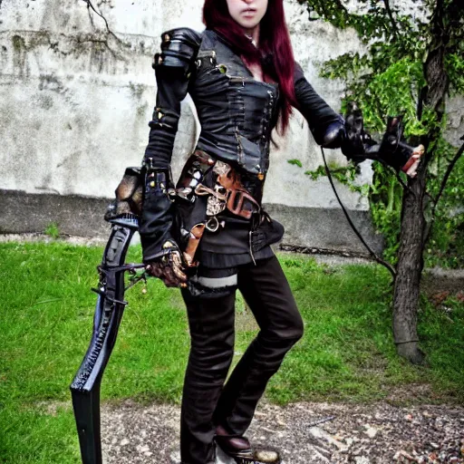 Prompt: full body photo of a skinny female steampunk rogue warrior