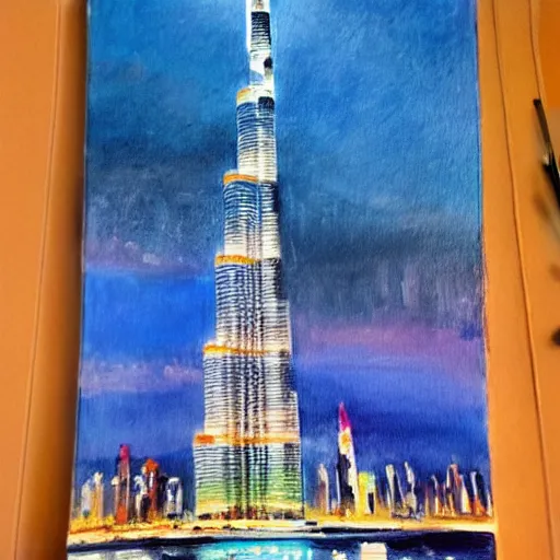 Image similar to The Burj Khalifa, Dubai, acrylic painting, high detail -1024