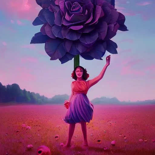 Prompt: portrait, giant rose flower head, girl dancing in a suit, surreal photography, sunrise, blue sky, dramatic light, impressionist painting, digital painting, artstation, simon stalenhag