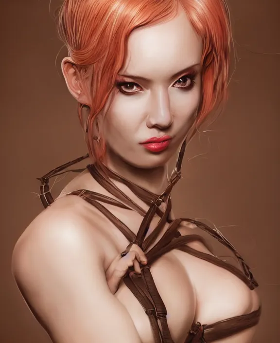 Image similar to a highly detailed portrait of a readhead, intricate latex set, spider, honey birdette, shibari, realistic portrait, deep focus, matte, digital painting, artstation, concept art, smooth, matte, sharp focus, cinematic lighting, art by artgerm and nobuyoshi araki and bianca beauchamp, francisco martan
