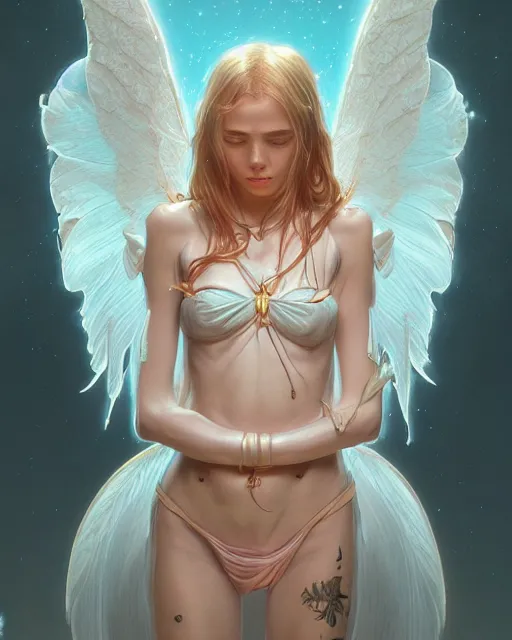 Image similar to portrait of a cute female angel, bioluminescent, veins, horror, happy, highly detailed, digital painting, cinematic, hyperrealism, dark retrowave, art by stanley lau and artgerm and magali villeneuve and alphonse mucha, artstation, octane render, cgsociety