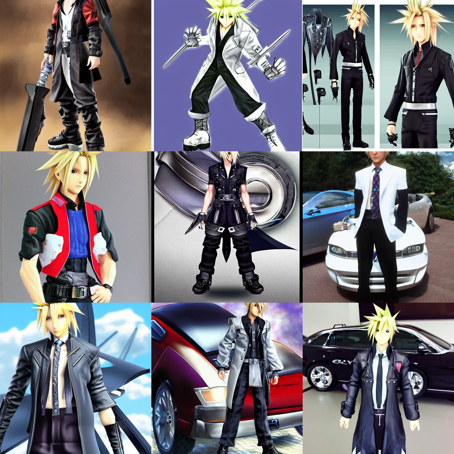 Prompt: cloud strife automobile salesman, tacky clothes, by tetsuya nomura
