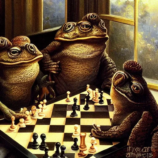 Image similar to toads drinking tea and playing chess. Painting of toads wearing sweaters by James Gurney.