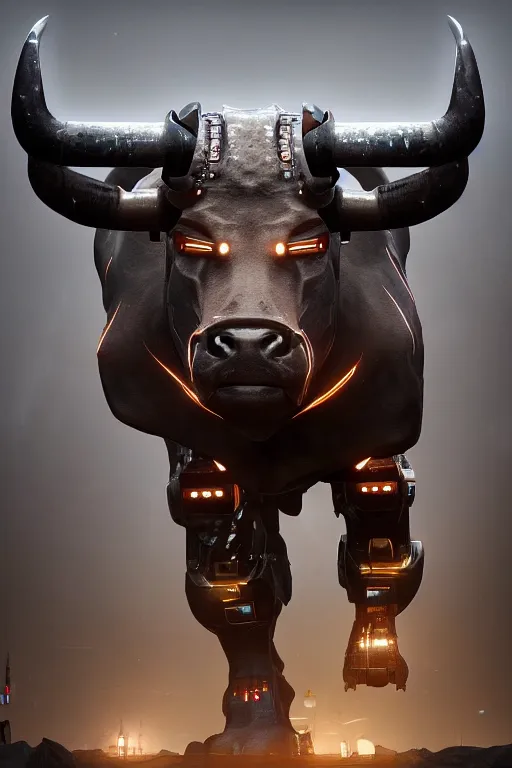 Image similar to a full body shot of a cyborg ( bull ) modeled after a bull looking into the camera, android, cyborg, full body shot, intricate, 3 d, hyper realism, fantasy, depth of field, octane render, symmetrical, highly detailed, digital art, artstation, concept art, cinematic lighting, trending