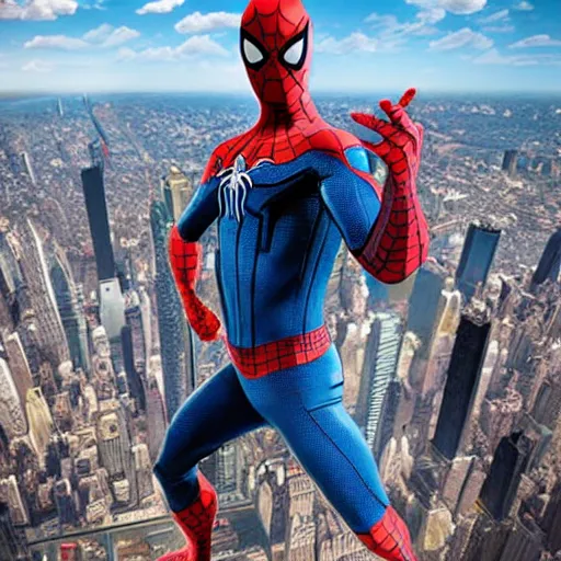 Prompt: marvel spider - man arms out from back standing on top of the empire state building