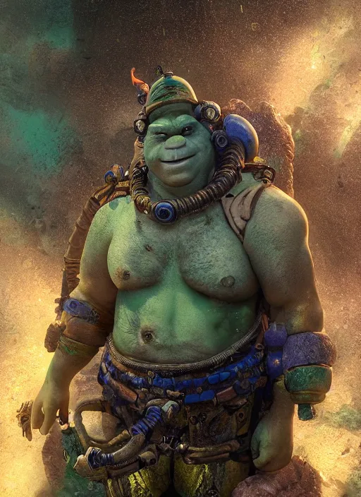 Image similar to underwater portrait of shrek as the space marine, apocalypse, naturel, hyper detailed, digital art, trending in artstation, cinematic lighting, studio quality, smooth render, unreal engine 5 rendered, octane rendered, art style by klimt and nixeu and ian sprigger and wlop and krenz cushart.