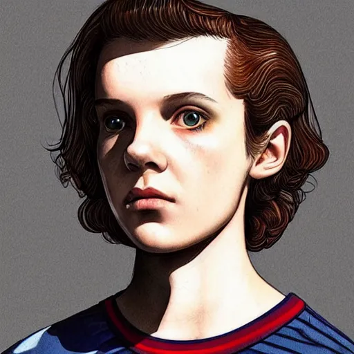 Image similar to beautiful side portrait of Eleven from Stranger things by martine johanna, artstation winner,figurativism!!!!, portrait, lines!!!!,