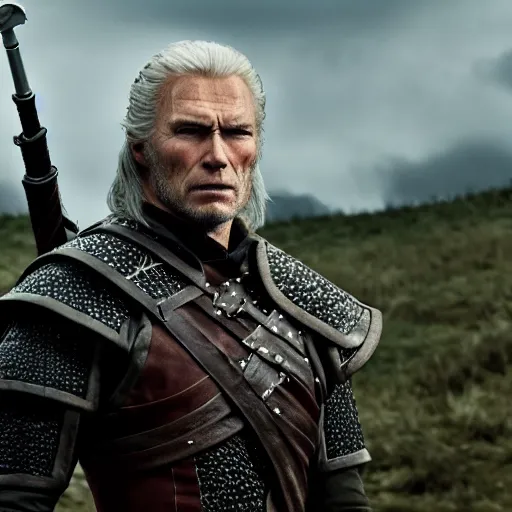 Prompt: clint eastwood as the witcher, 4 k, epic, cinematic, focus, movie still, fantasy, serious, extreme detail, atmospheric, dark colour n - 9