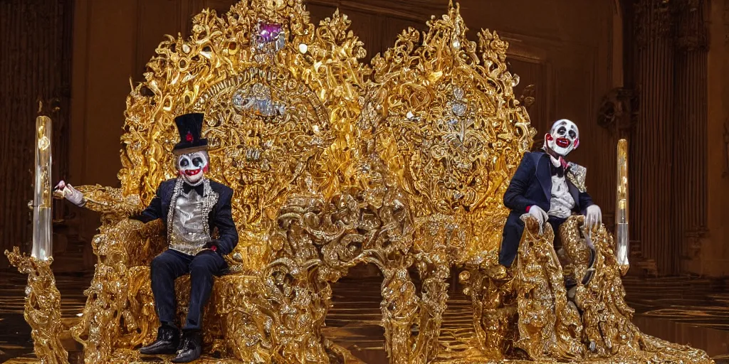 Image similar to shining majestic throne made of millions of diamonds, gold and zaphires with thousands of light reflections, and a stupid clown on a suit is sitting on the throne while handing a globe, 4 k