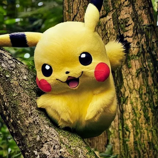 Image similar to pikachu in a forest, realistic, national geographic wildlife photography, wildlife, fluffy, cute, real