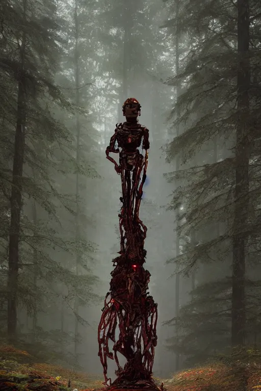Prompt: A robot statue in the middle of a forest covered in veins and rust by Greg Rutkowski, Sung Choi, Mitchell Mohrhauser, Maciej Kuciara, Johnson Ting, Maxim Verehin, Peter Konig, final fantasy , 8k photorealistic, cinematic lighting, HD, high details, atmospheric,