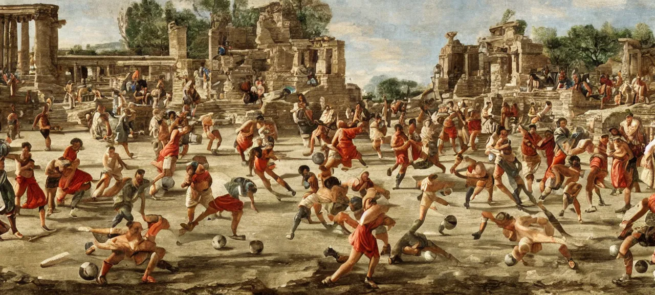 Prompt: Ancient romans playing moddern soccer in a stadium