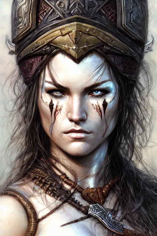 Image similar to head and shoulders portrait of a barbarian, female, high fantasy, dnd, face details, extremely detailed, smooth, sharp focus, digital illustration, by luis royo, magali villeneuve, donato giancola, wlop, krenz cushart, artgerm