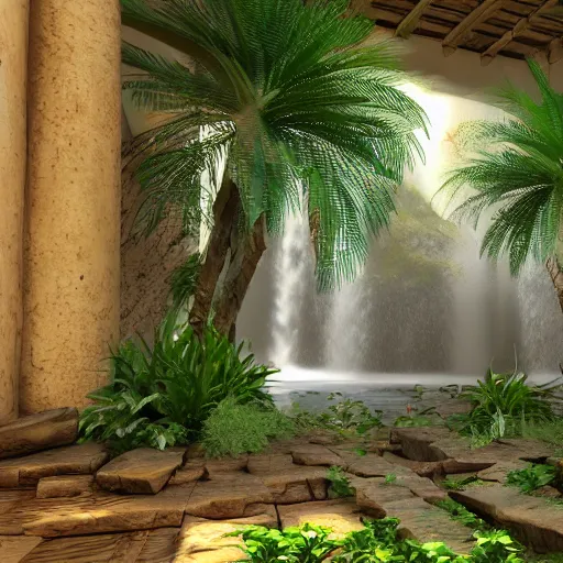 Prompt: waterfall,plants and palms in a ancient egyptian interior,3d render unreal engine