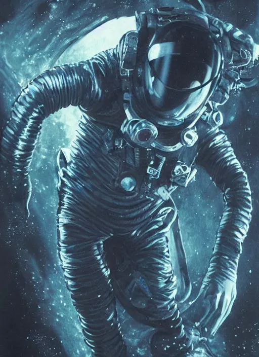 Image similar to astronaut in dark void underwater - complex and hyperdetailed technical suit design. reflection and dispersion materials. rays and dispersion of light. volumetric light. f / 3 2. noise film photo. flash photography. ultra realistic, 5 0 mm. poster by wayne barlowe, hajime sorayama aaron horkey, craig mullins