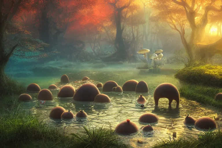 Prompt: Capybaras swimming in a magic lake in a mushroom forest, digital art, psychedelic, by WLOP, by Artgerm, by Greg Rutkowski, volumetrics, octane render