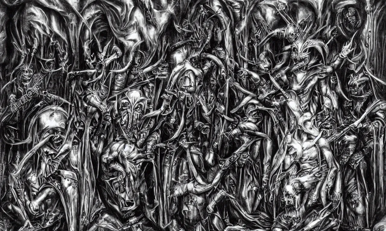 Image similar to judas priest, saints in hell, by giger,