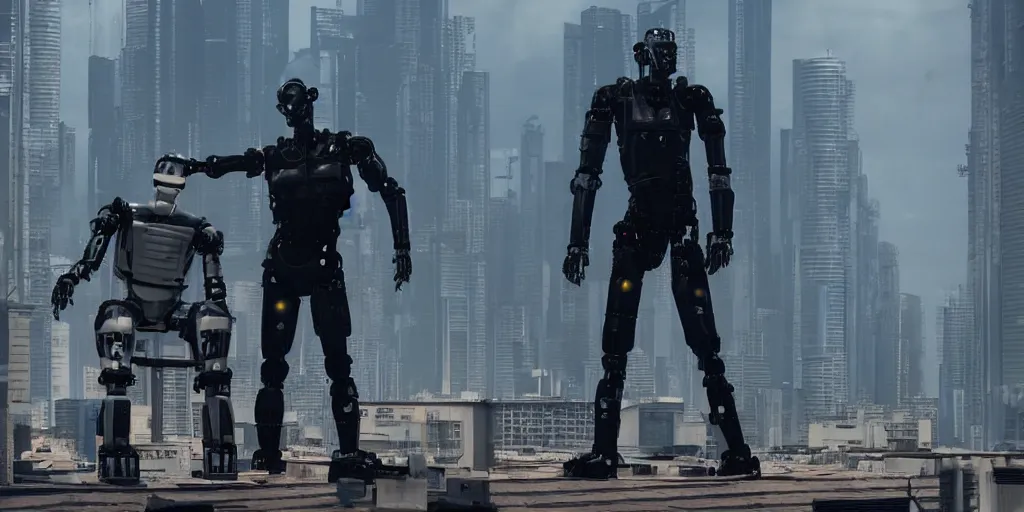 Image similar to cyberpunk buff old man stand-off with Deadcode humanoid robot on a rooftop by Roger Deakins