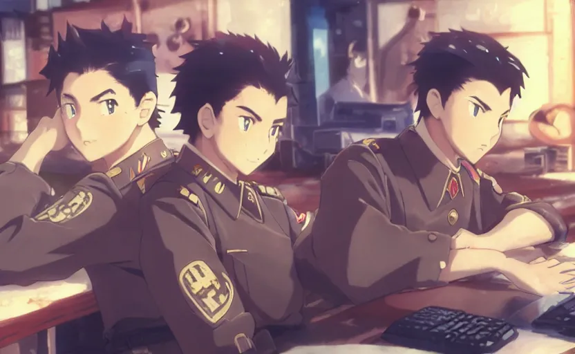 Image similar to film still anime keyart overview polaroid angry realistic josef stalin trading bitcoin in front of computer, finely detailed features, closeup at the faces, perfect art, gapmoe yandere, trending on pixiv fanbox, painted by craig mullins makoto shinkai takashi takeuchi studio ghibli, akihiko yoshida,