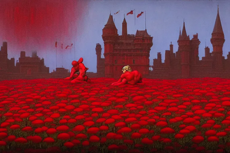 Image similar to only with red, red flowers of different types, red castle in background, red medieval big fat goblins, in the style of beksinski, parts by edward hopper, parts by rodcenko, parts by yue minjun, intricate and epic composition, red by caravaggio, insanely quality, highly detailed, masterpiece, red light, artstation, 4 k