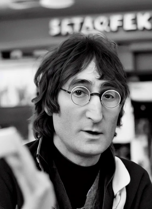 Image similar to john lennon sitting inside a starbucks using his iphone 1 2, black and white photo, real, photorealistic