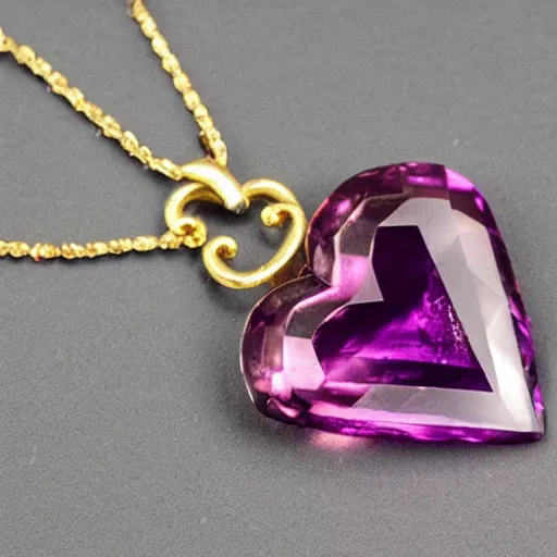 Prompt: This Ametrine with a heart cut and the size of a strawberry is in terrific condition. These gems are rarely sought after, but they're a very uncommon gemstone species. It's said these gems contain strengthening properties which make for a great offensive jewelry.