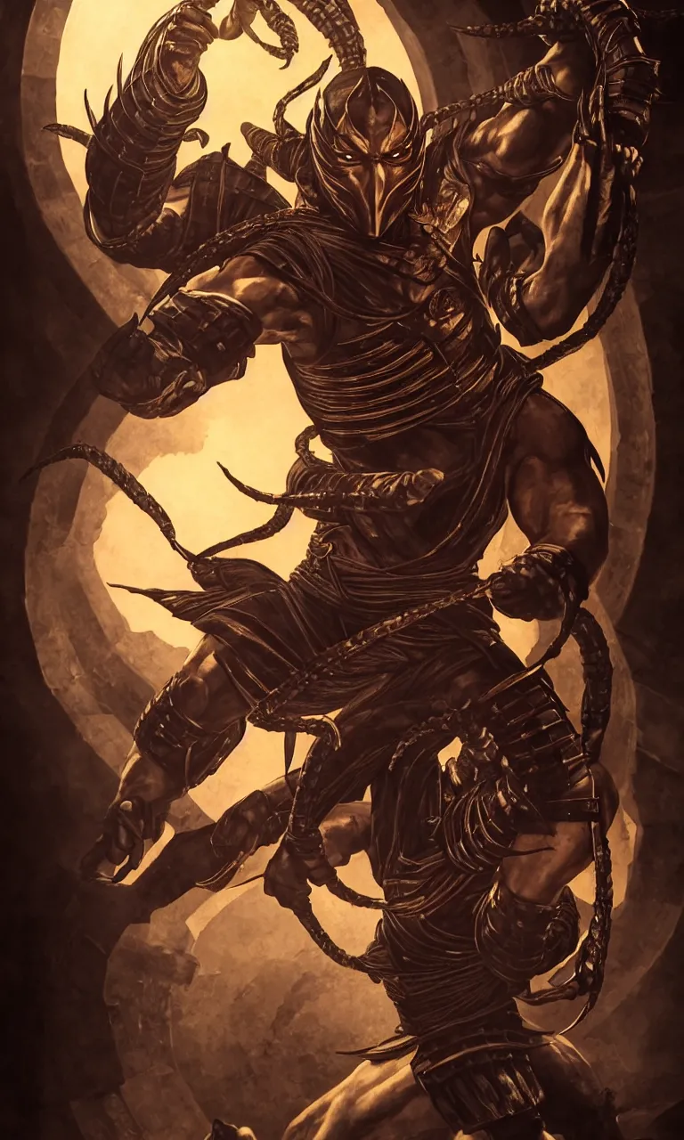 Image similar to portrait of hanzo hasashi scorpion from mortal kombat in the gates of a portal, full body shot, camera pulled back far, highly detailed dramatic lighting, artstation, atmospheric perspective, artgerm, mk ninja, epic ninja suit, intense contrast, 3 light sources, by lee bermejo, alphonse mucha and greg rutkowski