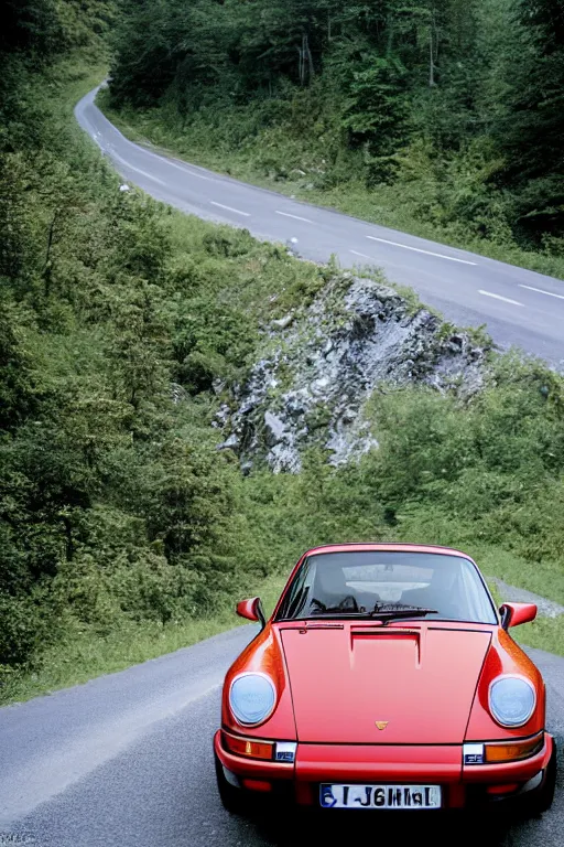 Prompt: Photo of a Porsche 911 Carrera 3.2 on a winding road through mountains and forests. Canon EOS 100, 28-80mm USM MkI, Ektachrome E100