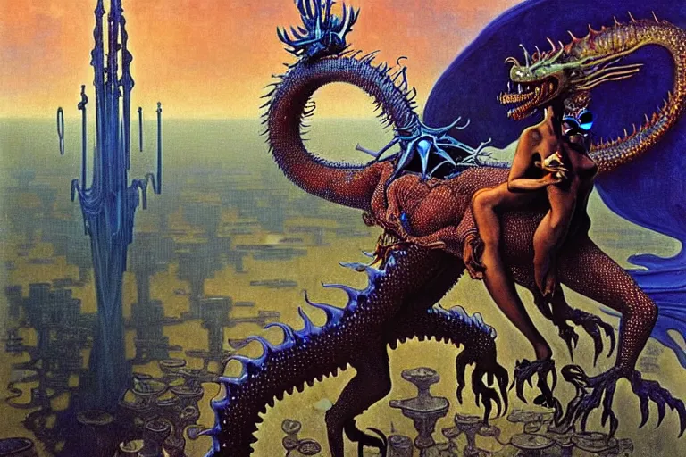 Prompt: realistic extremely detailed closeup portrait painting of a beautiful black woman riding a mutant dragon, dystopian city on background by Jean Delville, Amano, Yves Tanguy, Ilya Repin, Alphonse Mucha, Ernst Haeckel, Edward Robert Hughes, Roger Dean, heavy metal 1981, rich moody colours