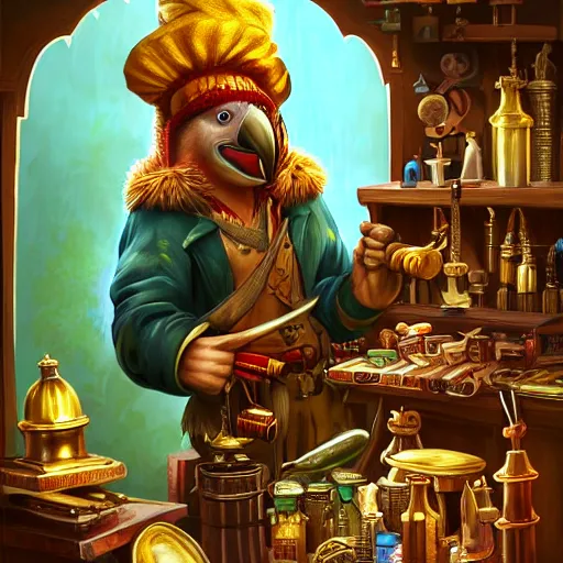 Image similar to Anthropomorphized parrot trader in his shop, selling his wares, portrait, items, weapons, magic potions, carpet, window, fancy hat, sly expression , cunning expression, cute expression, long thick shiny gold beak, presenting wares, holding a gold bag, D&D, fantasy, cinematic lighting, highly detailed, digital painting, artstation, concept art, smooth, sharp focus, illustration, warm light, cozy warm tint, magic the gathering artwork, volumetric lighting, 8k, art by Akihiko Yoshida, Greg Rutkowski