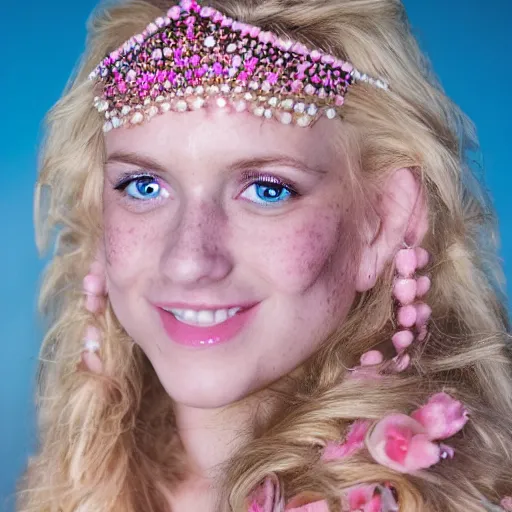 Image similar to close up headshot of a princess with long blonde hair and blue eyes wearing a strapless elaborately beaded pink dress, high resolution film still, 8k, HDR color, film by Simon Langton and David Frankel, triangular face, freckles, round narrow chin