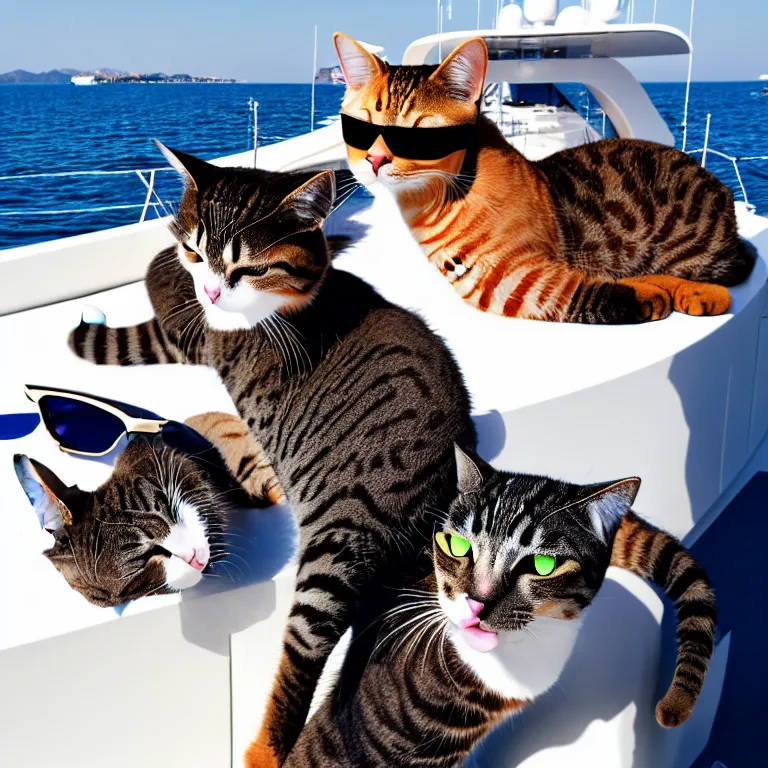 Prompt: cat wearing sunglasses on his yacht hanging out with beautiful cat models, paparazzi photo, vogue magazine, candid 8 k,