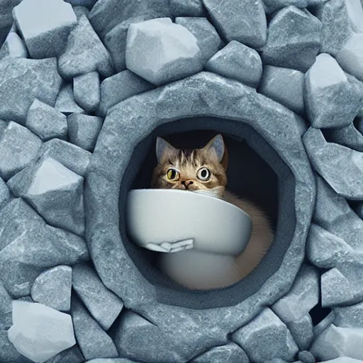 Image similar to cute cat peeking its head out an igloo, close up render