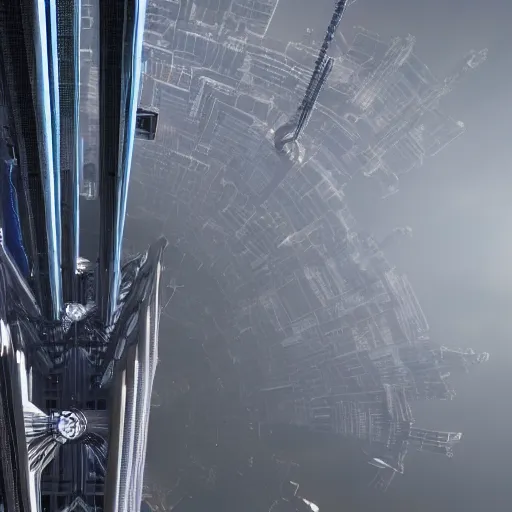 Prompt: a space elevator rising from the center of a misty metropolis, highly detailed, 8k, sharp focus