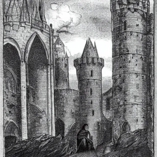 Image similar to merlin and gawain in a dark gloomy atmospheric medieval castle