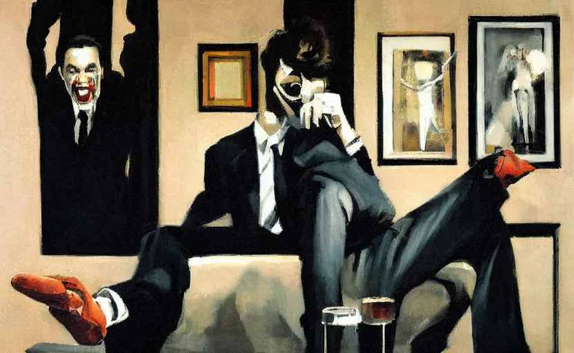 Image similar to a thin man wearing a suit screams and jumps over a telephone in a dark, 1980s living room, painted by phil hale, highly detailed