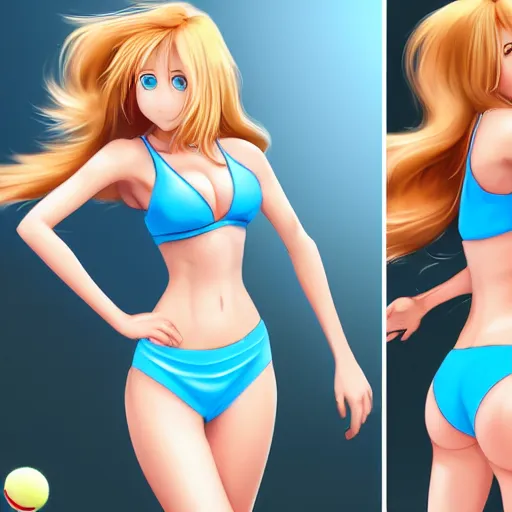 Image similar to a very beautiful proud young anime tennis girl, confident, full body, long wavy blond hair, sky blue eyes, full round face, bikini, miniskirt, front view, mid - shot, highly detailed, cinematic wallpaper by stanley artgerm lau