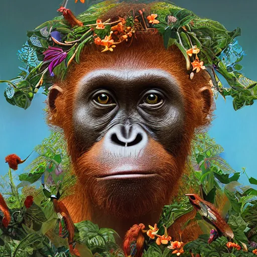 Prompt: portrait of an orang - utan surrounded by hummingbirds and fine floral ornaments, eye - level medium - angle shot, intricate, floral background, by esao andrews, by m. w. kaluta, by yoshita amano, intricate, symmetrical, natural lighting, smooth, 3 d octane render, depth perception, 4 k,, artstation