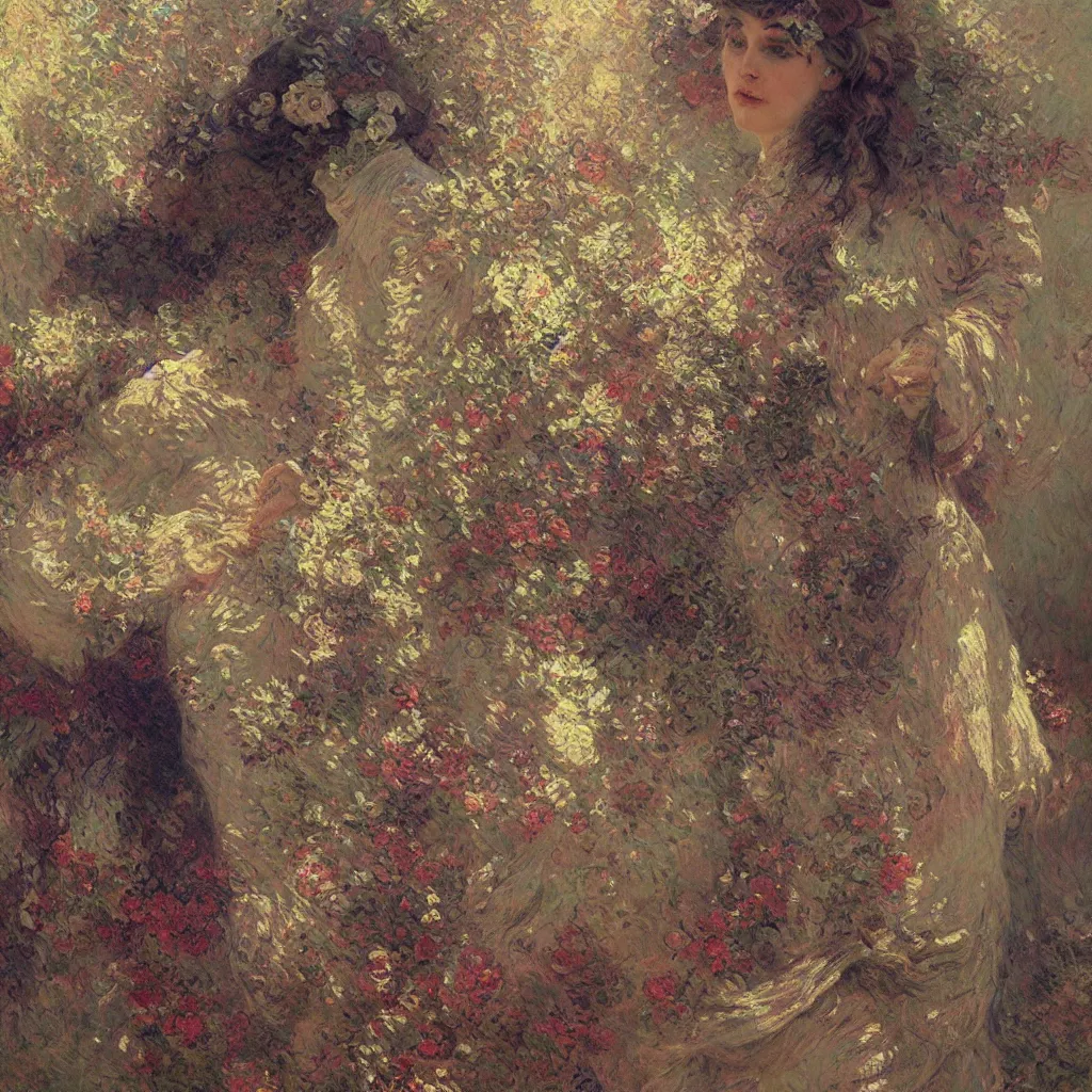 Image similar to seamless intricate monet painterly motives and textures pattern, hyper detailed, octane render, vivid colors, artstation, by jeremy mann, by alphonse mucha, by monet
