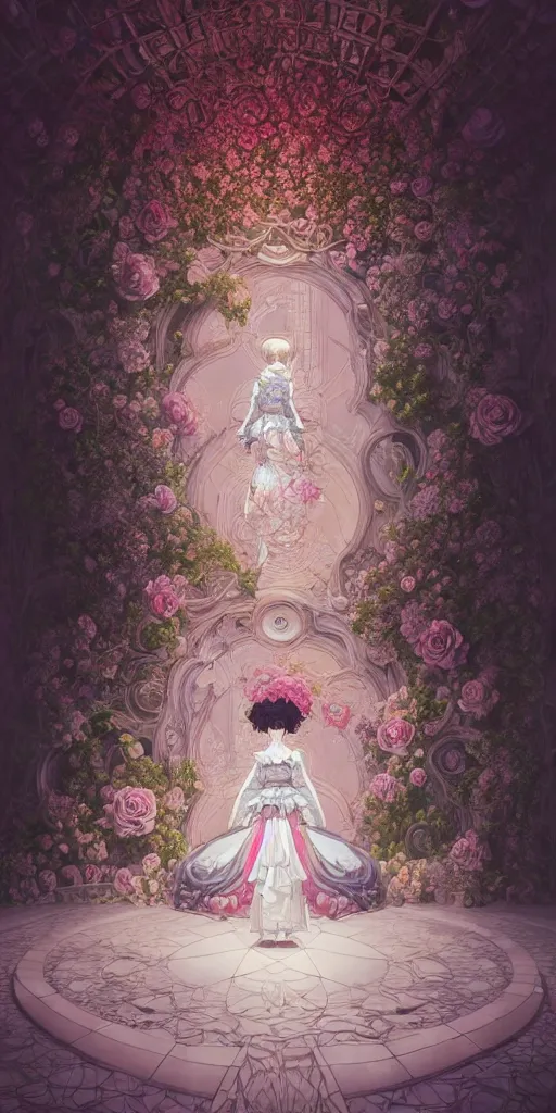 Prompt: the beautiful hyperdetailed physical rendering of a rose wedding gothic lolita dress clothing design display in exhibition hall, exhibition hall lighting, in the style of makoto shinkai victo ngai and peter mohrbacher studio ghibli artgerm karol bak beeple, surrealistic style, 8 k hd, 3 drender