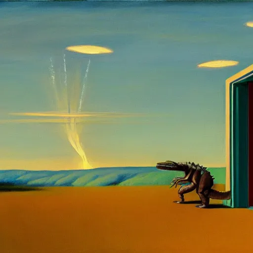 Image similar to painting of the extinction of the dinosaurs with asteroid and fire, in the style of edward hopper